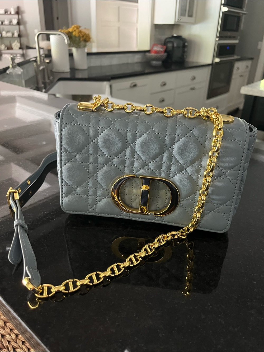 Faux Dior Quilted Leather Shoulder Bag with Gold Chain - blue/gray
